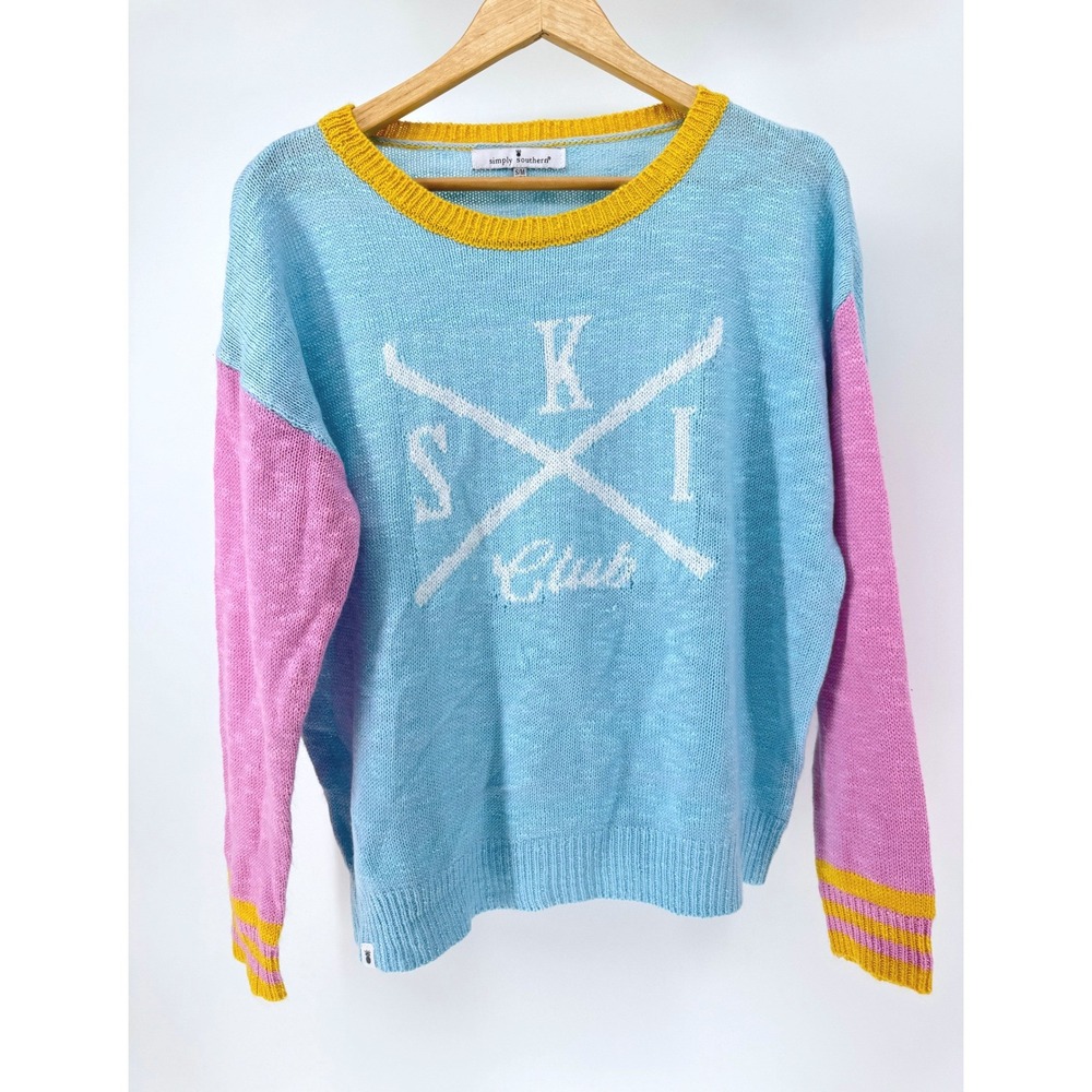 Simply Southern Ski Sweater Womens SM Blue Pink Colorblock Après Ski Knit‎